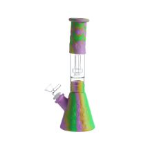 Silicone Water Pipe 28cm. Mix Color with Clear Glass Mid Section. Large Size with Percolator