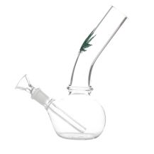 Glass Water Pipe 18cm, Clear Glass with One Green Leaf Design, Small Size